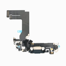 Black iPhone 13 mini charging port flex cable, back view showing board connectors