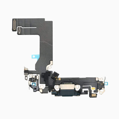 Black iPhone 13 mini charging port flex cable, back view showing board connectors