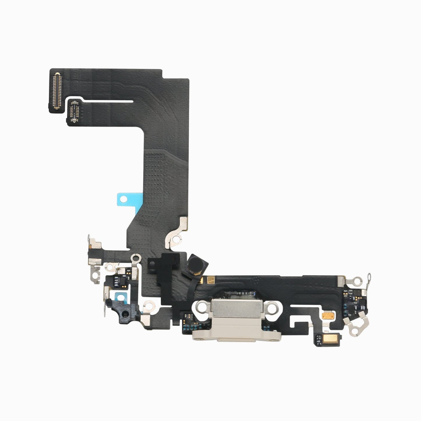 White iPhone 13 mini charging port flex cable, back view showing board connectors