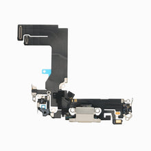 White iPhone 13 mini charging port flex cable, back view showing board connectors