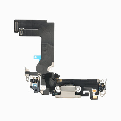 White iPhone 13 mini charging port flex cable, back view showing board connectors