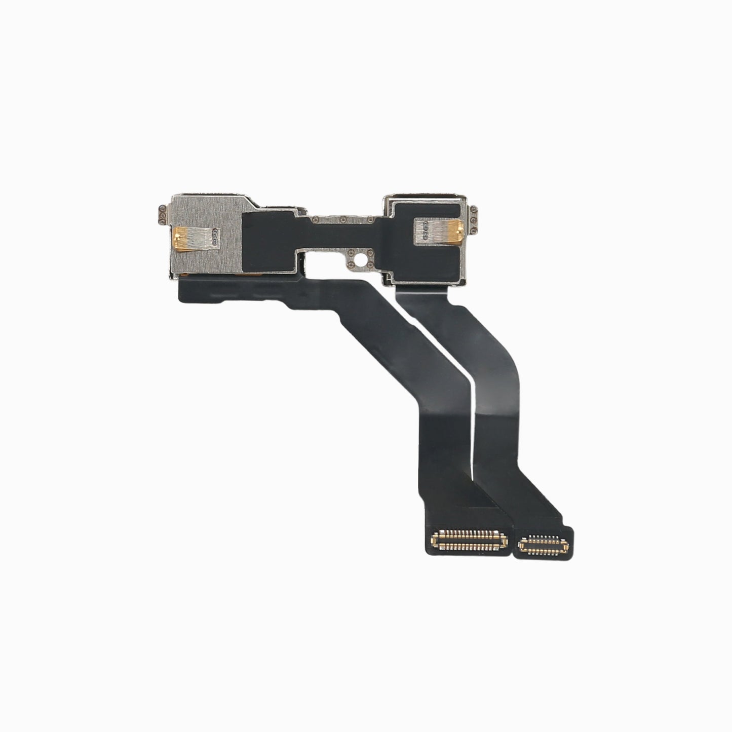 iPhone 13 mini front camera flex assembly, back view showing metal shields and connectors