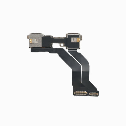 iPhone 13 mini front camera flex assembly, back view showing metal shields and connectors