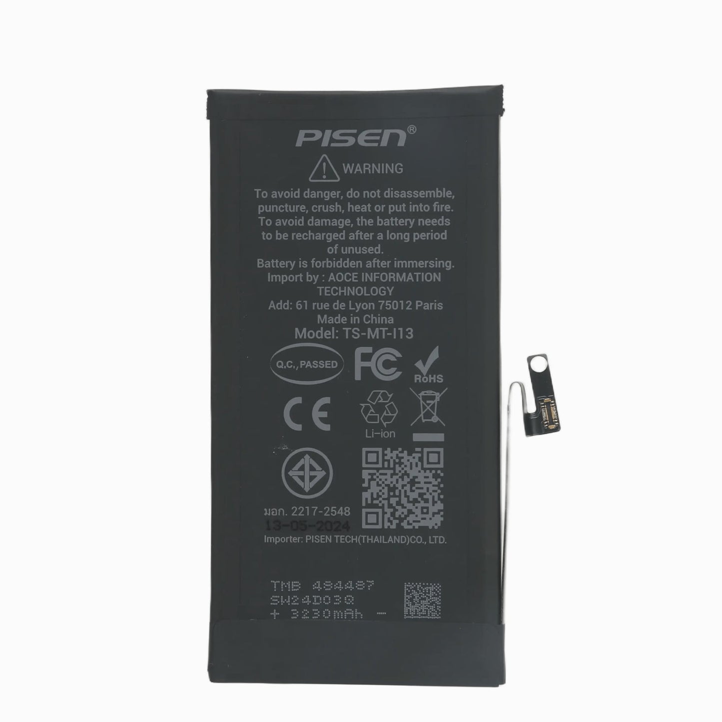 PISEN replacement battery for iPhone 13, back view showing safety warning and certification marks