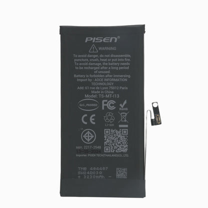 PISEN replacement battery for iPhone 13, back view showing safety warning and certification marks