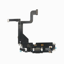 Black iPhone 13 Pro charging port flex cable, back view showing board connectors