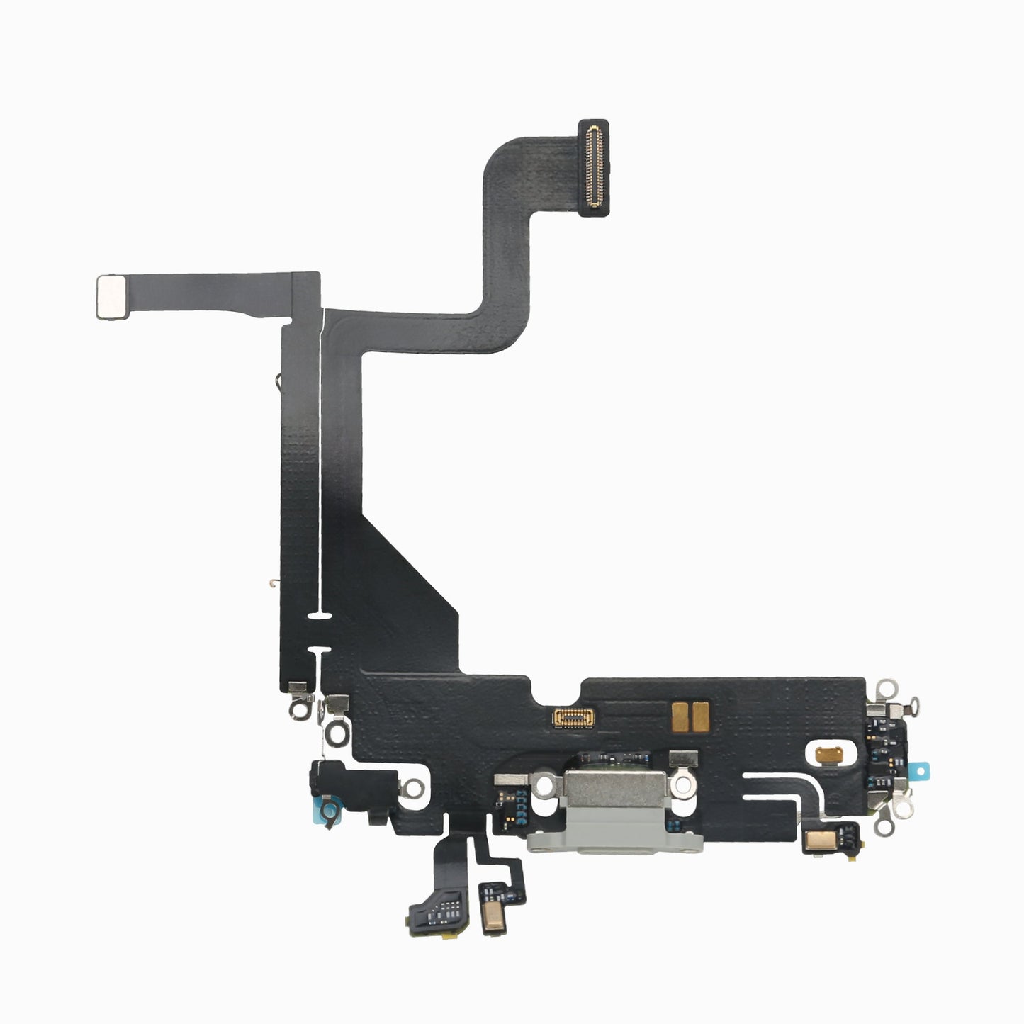 White iPhone 13 Pro charging port flex cable, back view showing board connectors