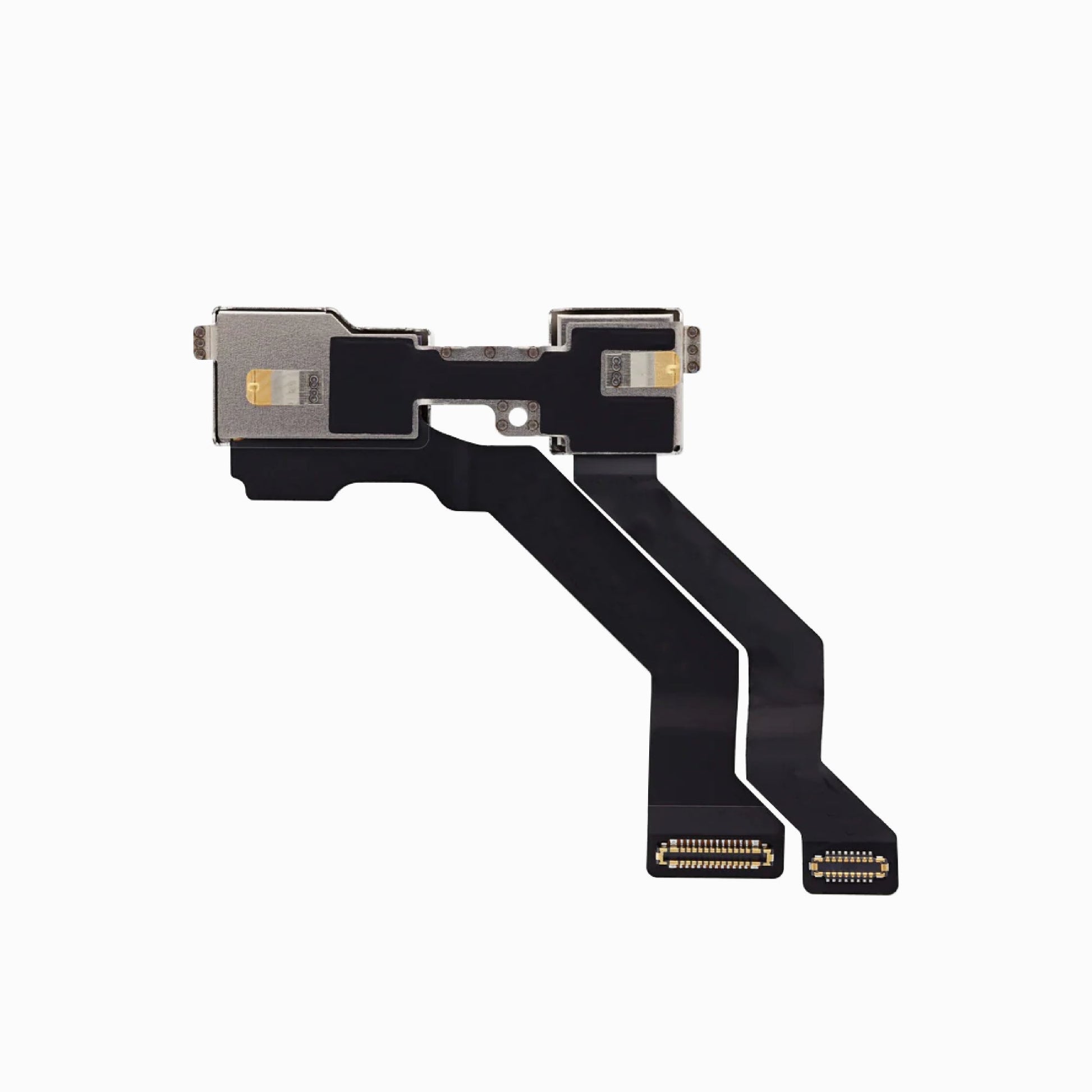 iPhone 13 Pro front camera flex assembly, back view showing metal shields and connectors