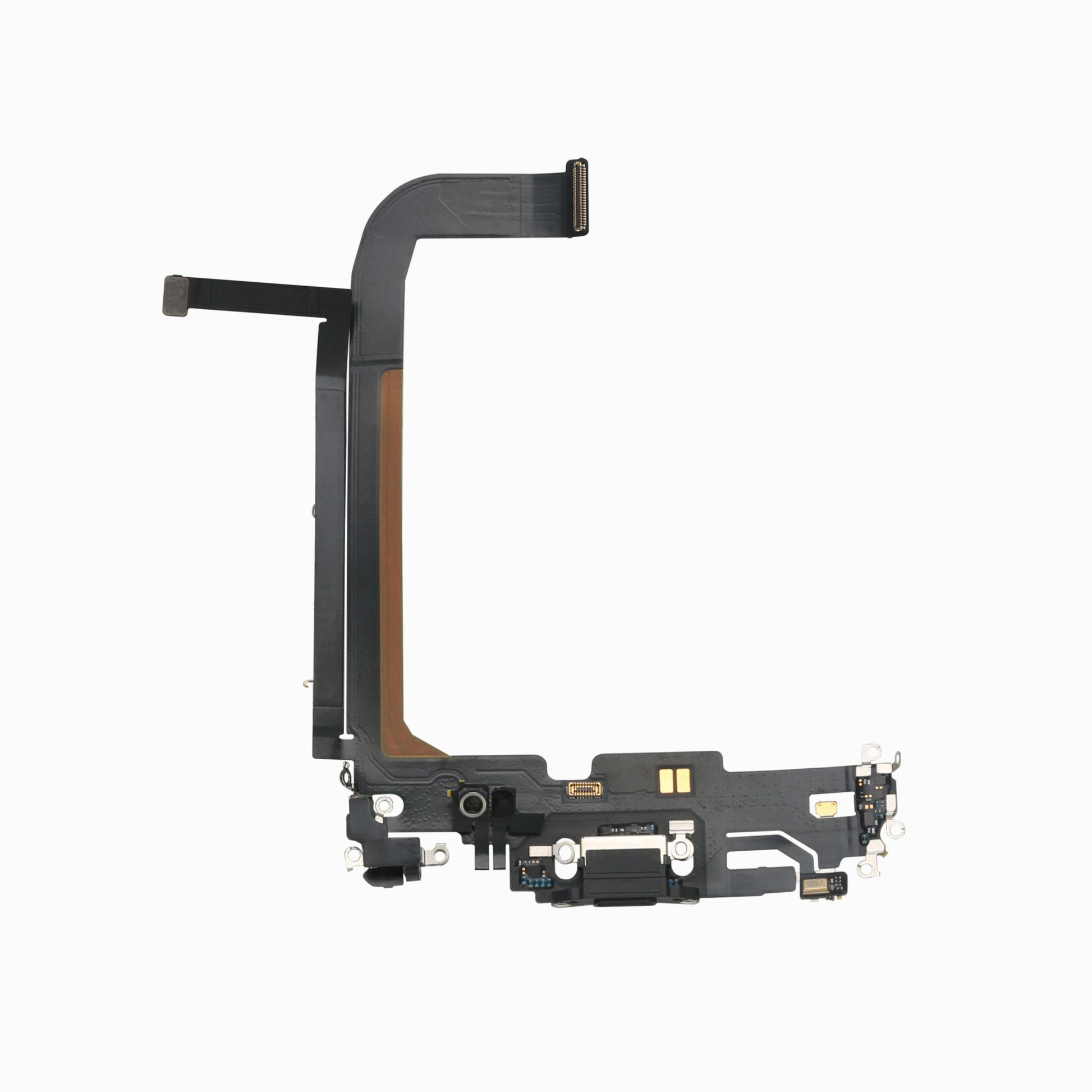 Black iPhone 13 Pro Max charging port flex cable, back view showing board connector and microphone