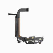 Black iPhone 13 Pro Max charging port flex cable, back view showing board connector and microphone