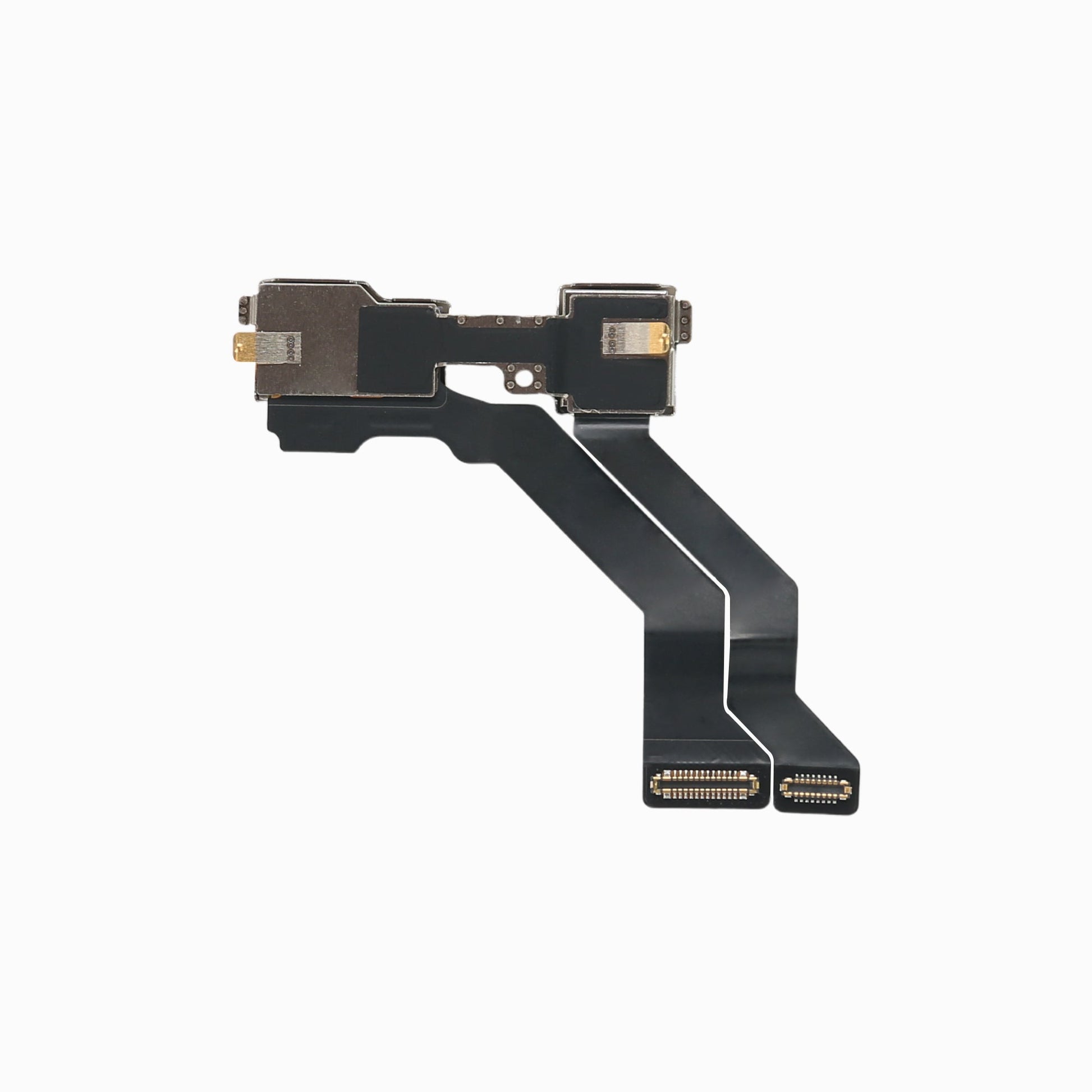 iPhone 13 Pro Max front camera flex assembly, back view showing metal shields and connectors