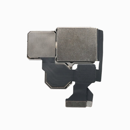 Back of iPhone 13 Pro / Pro Max rear camera module showing metal shields and flex ribbon connector