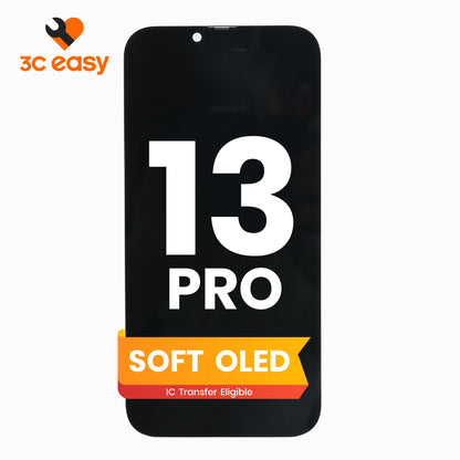 3C EASY Soft OLED screen replacement for iPhone 13 Pro in black, front view with IC Transfer Eligible badge