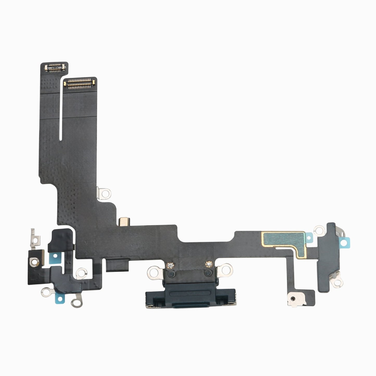 iPhone 14 original black charging port flex cable laid flat showing Lightning connector and full ribbon