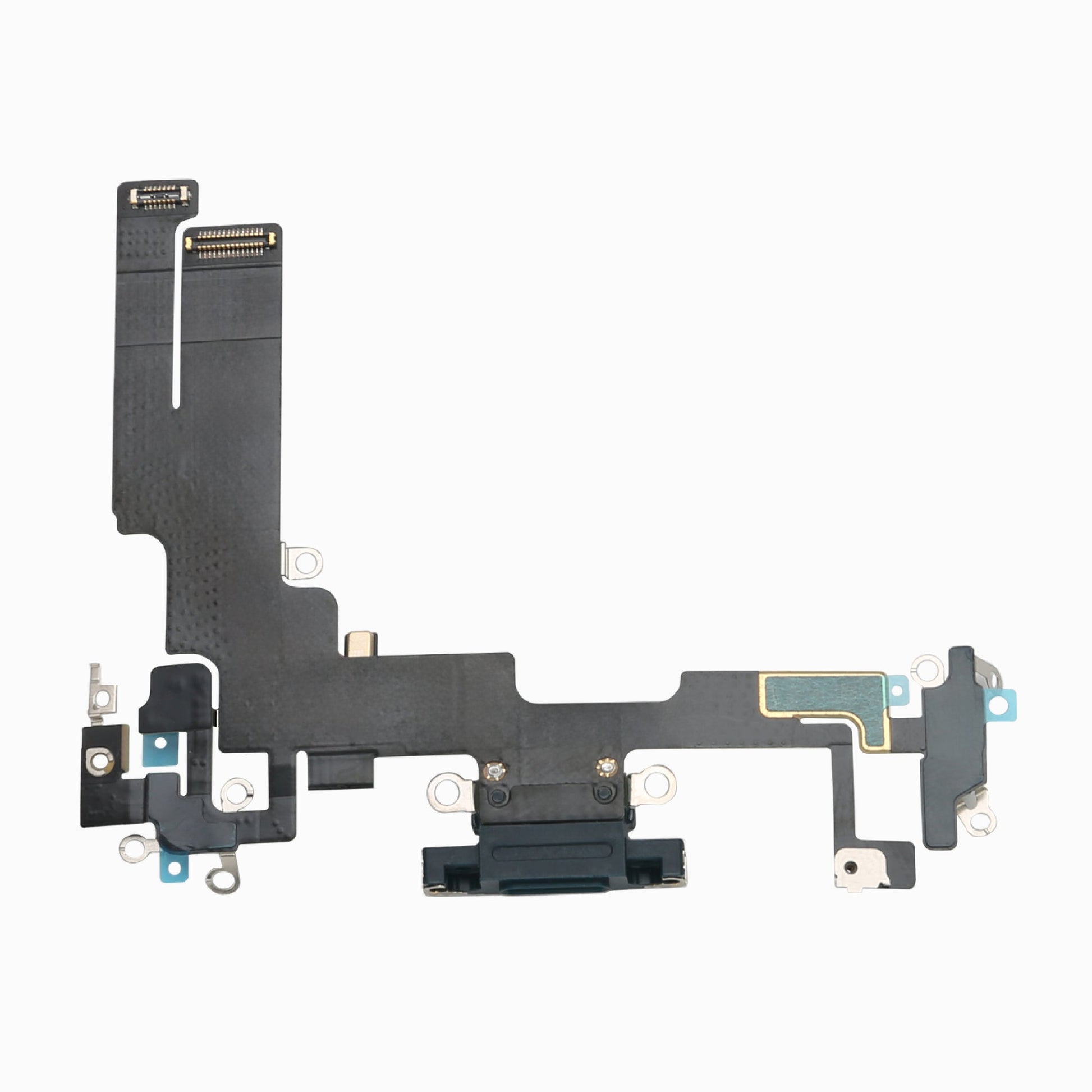 iPhone 14 original black charging port flex cable laid flat showing Lightning connector and full ribbon