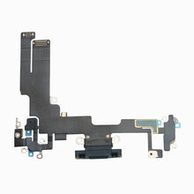 iPhone 14 original black charging port flex cable laid flat showing Lightning connector and full ribbon