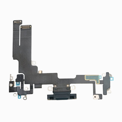 iPhone 14 original black charging port flex cable laid flat showing Lightning connector and full ribbon