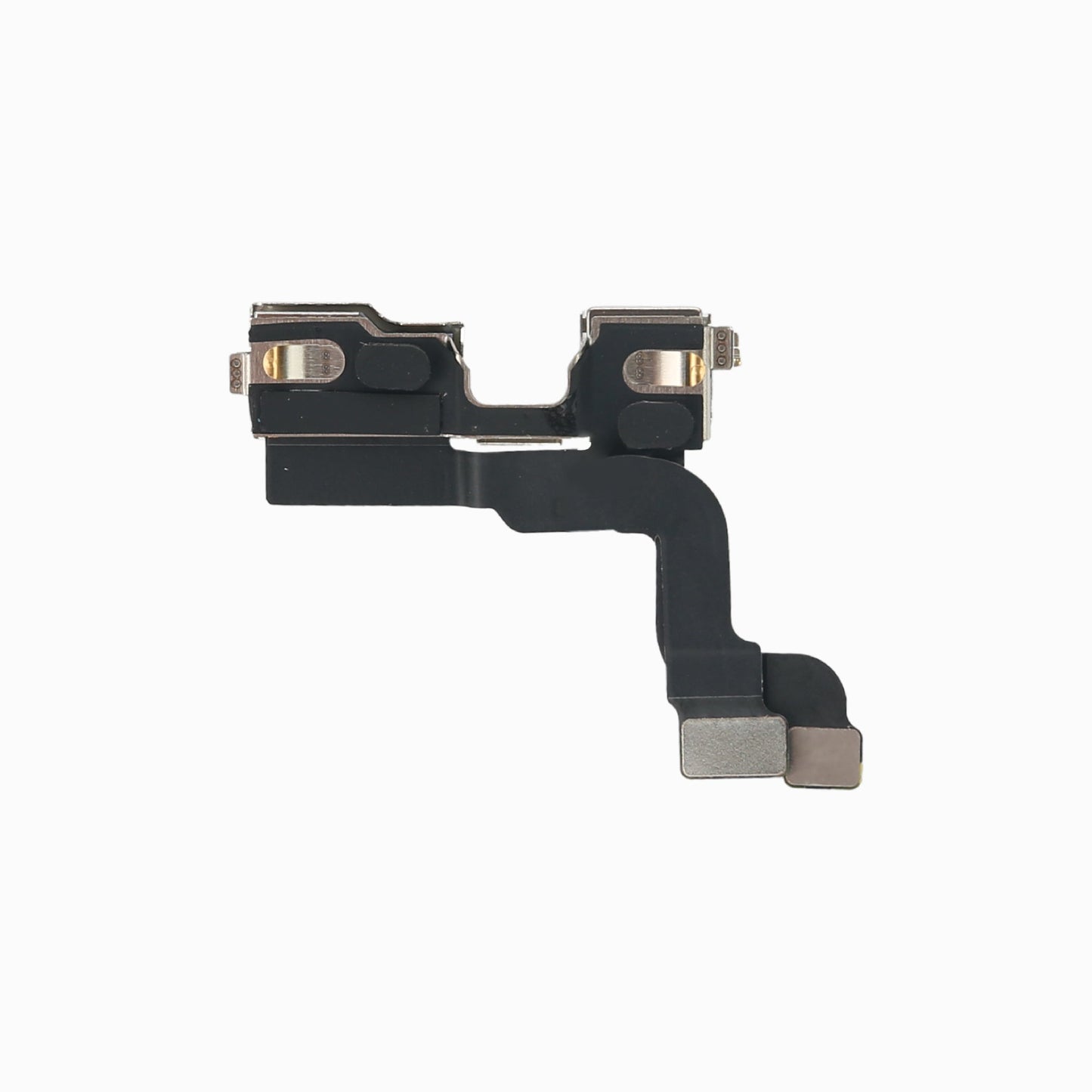 Back of iPhone 14 front camera module showing mounting brackets and flex cable connectors