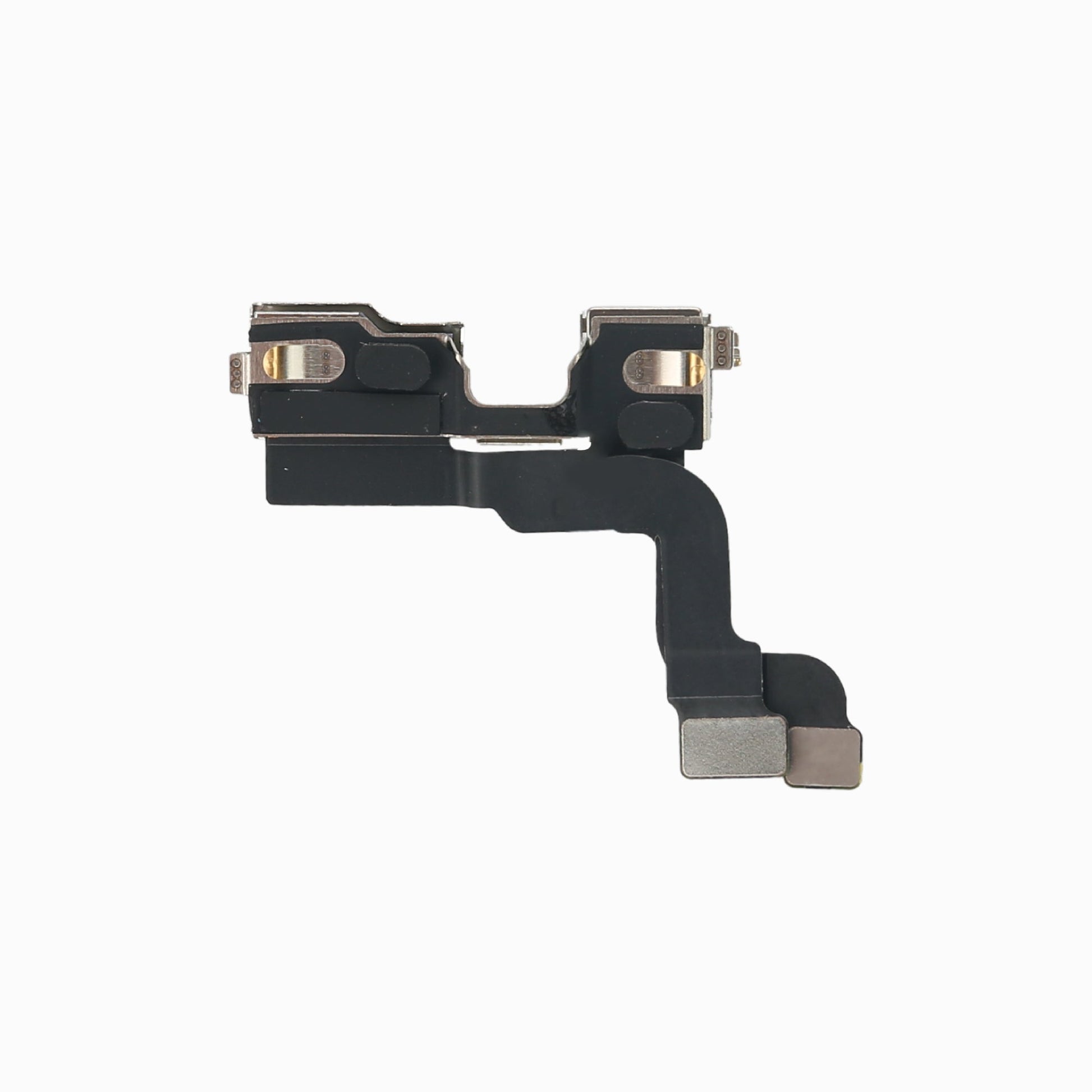Back of iPhone 14 front camera module showing mounting brackets and flex cable connectors