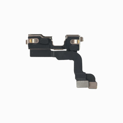Back of iPhone 14 front camera module showing mounting brackets and flex cable connectors