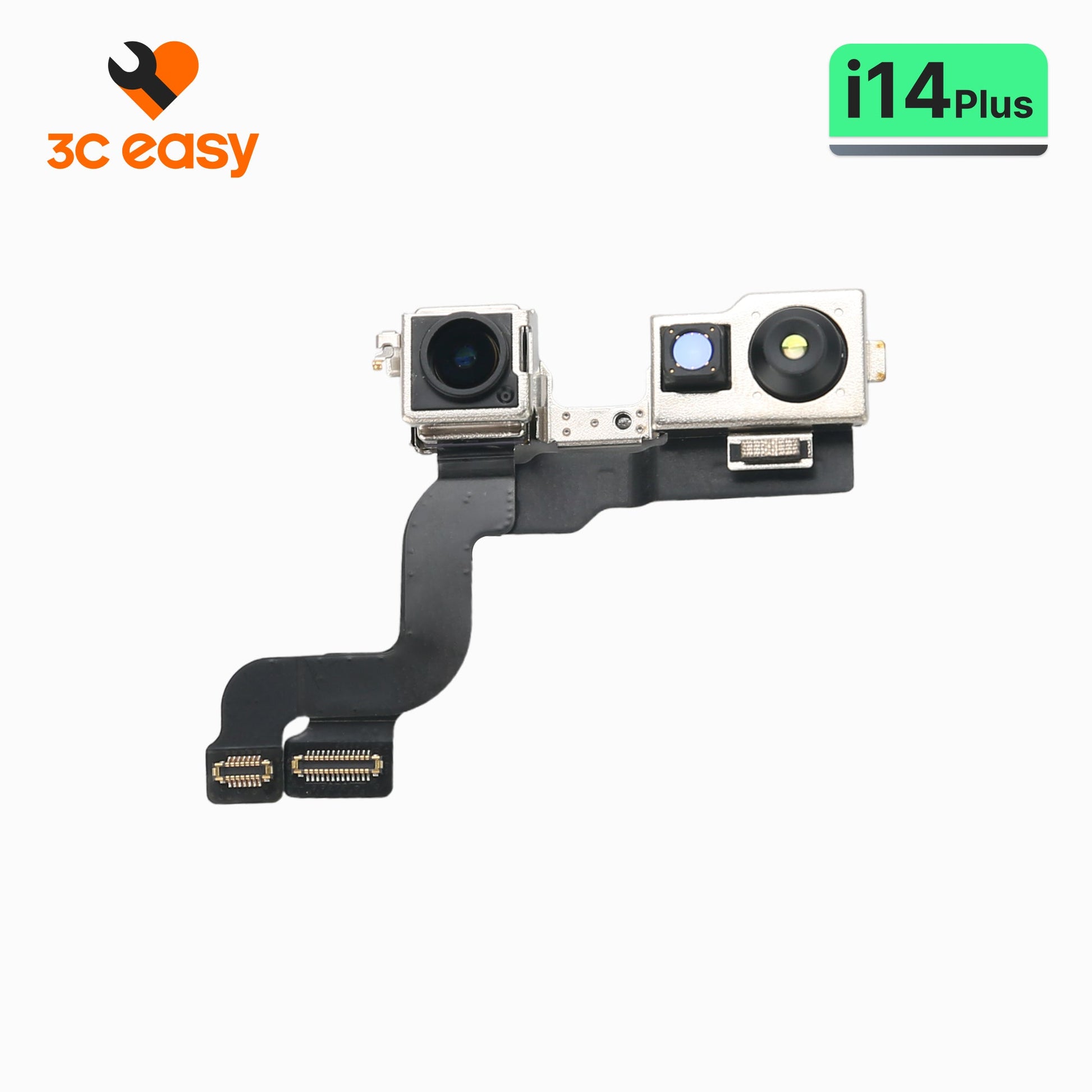 3C EASY original front camera flex for iPhone 14 Plus, lens side with Face ID module on branded background