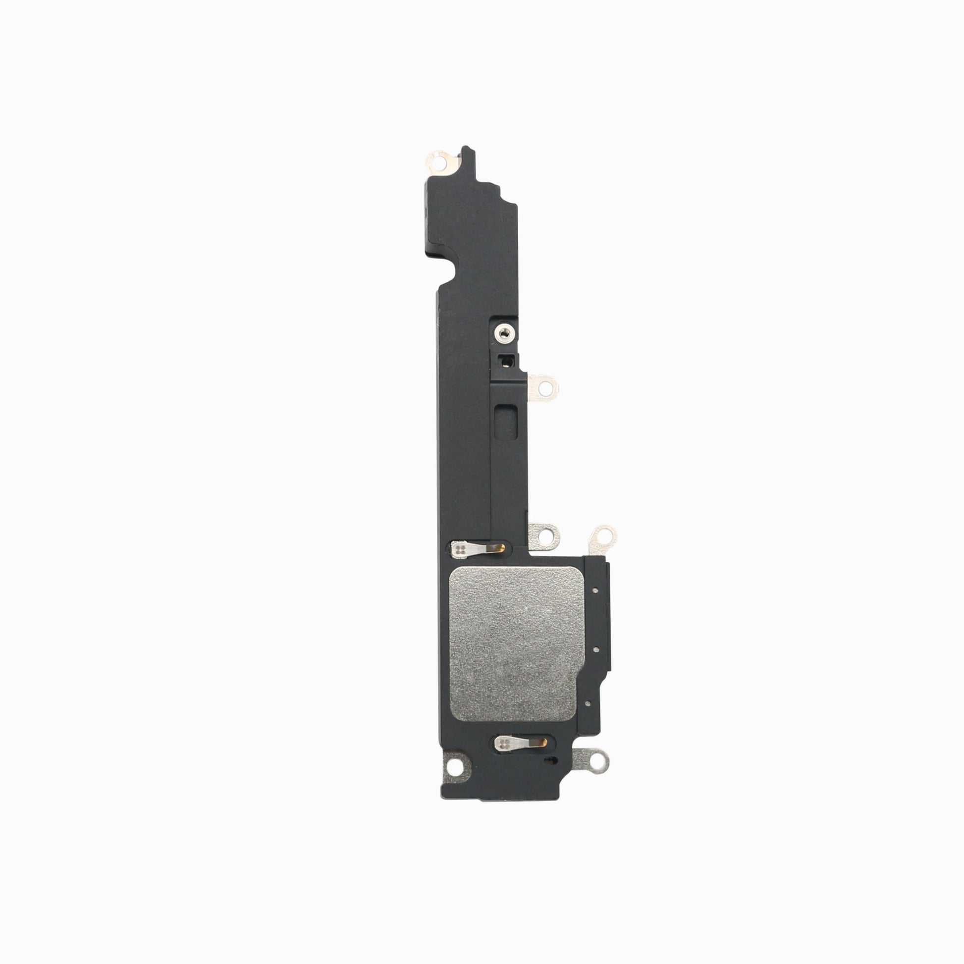 Back of the iPhone 14 Plus loudspeaker assembly showing housing and mounting tabs