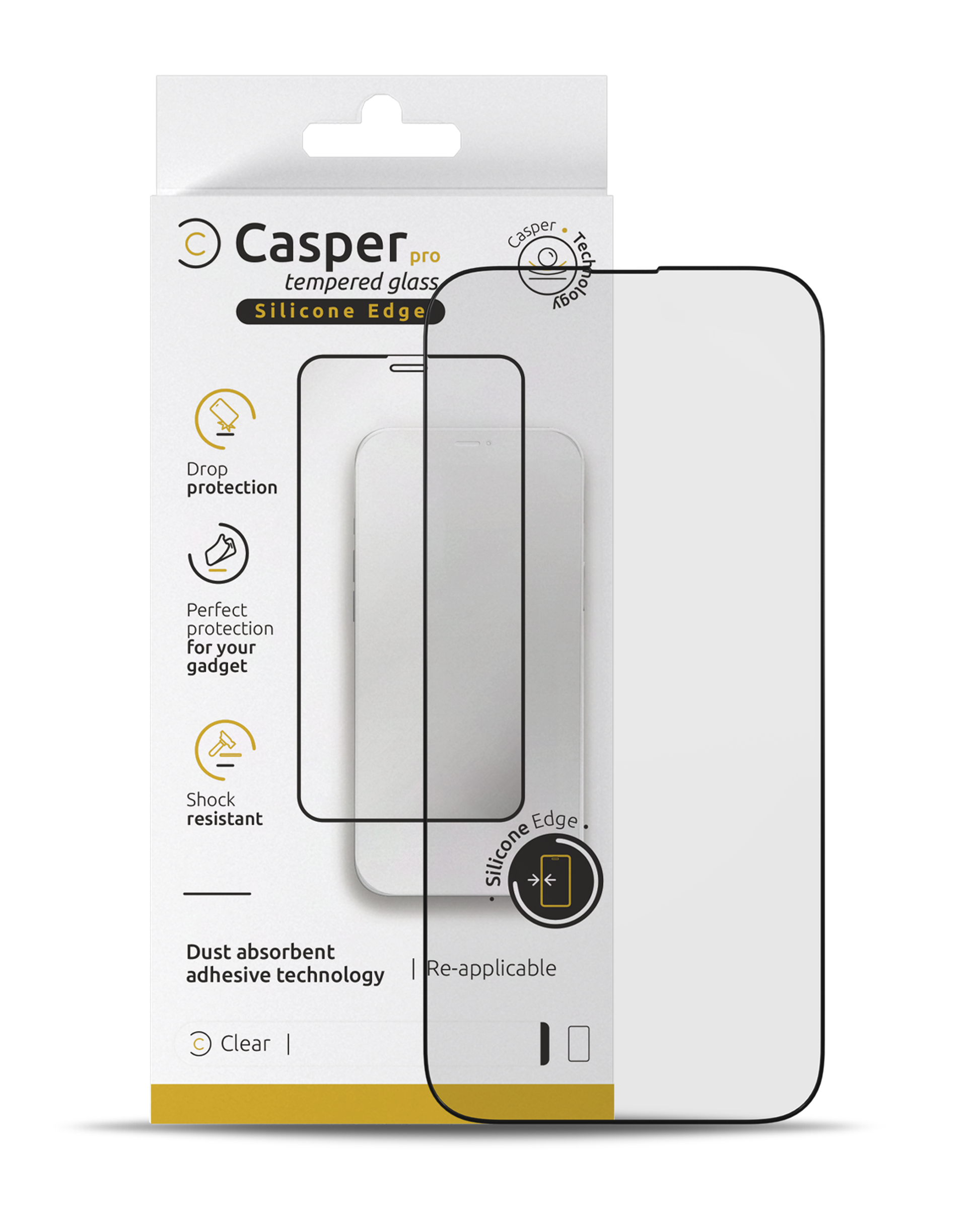 Casper Pro Silicone Edge clear tempered glass screen protector for iPhone 14 Pro beside retail box