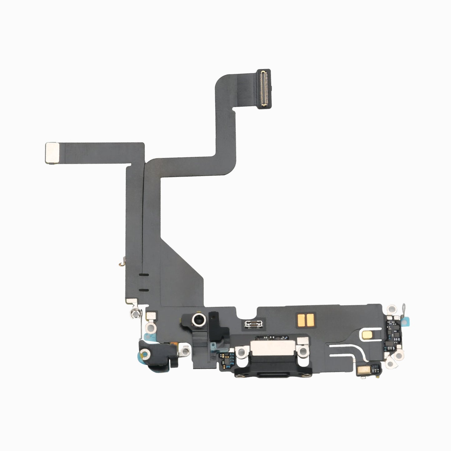 Reverse side of the black iPhone 14 Pro charging port flex cable showing Lightning connector and microphone