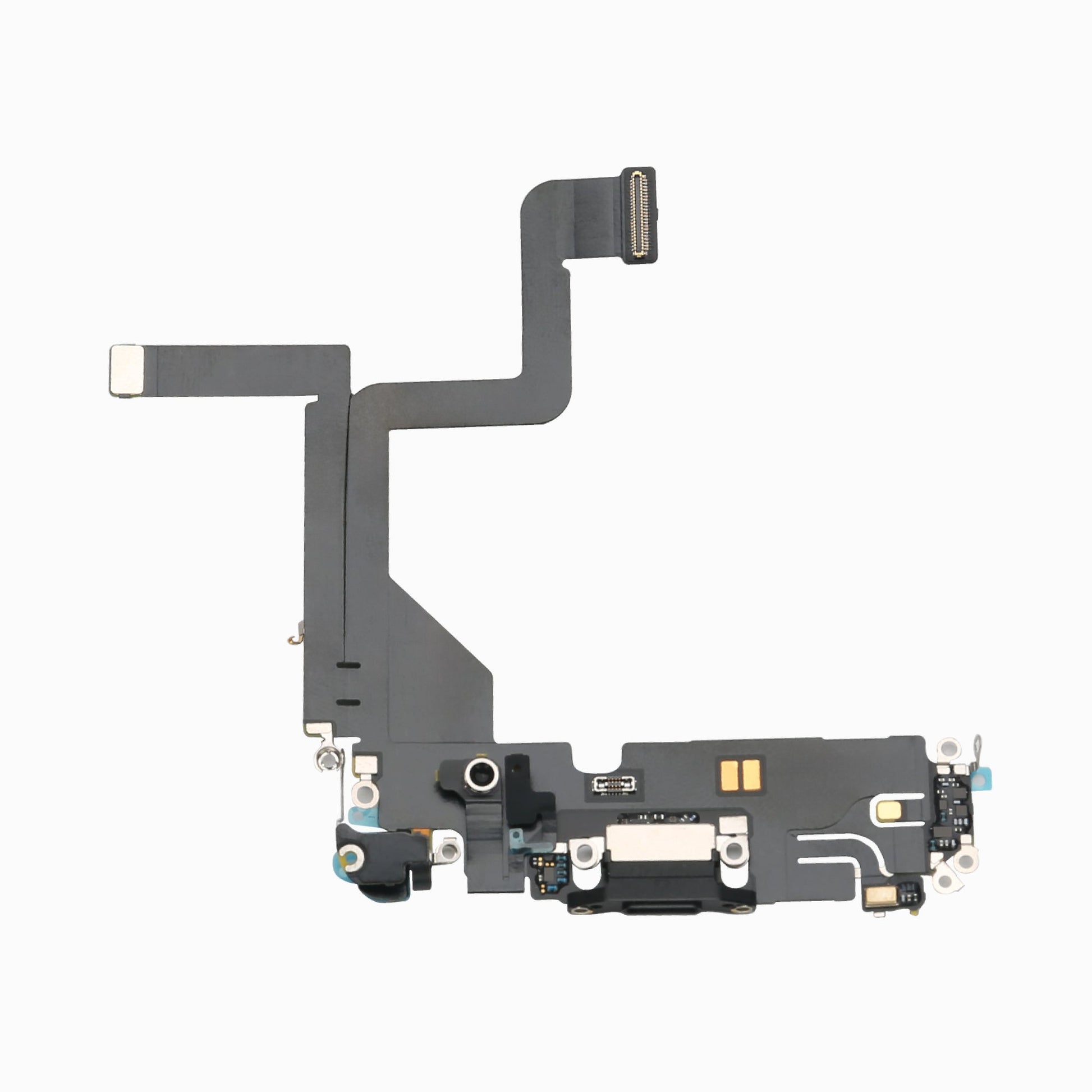 Reverse side of the black iPhone 14 Pro charging port flex cable showing Lightning connector and microphone