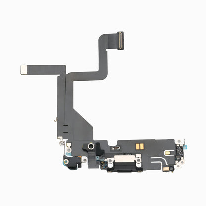 Reverse side of the black iPhone 14 Pro charging port flex cable showing Lightning connector and microphone