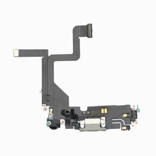 Reverse side of the white iPhone 14 Pro charging port flex cable showing Lightning connector and microphone