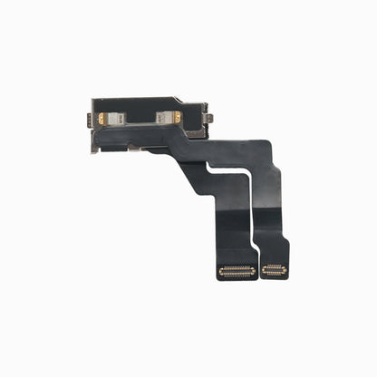 Back of the iPhone 14 Pro front camera module showing bracket and dual flex cable connectors
