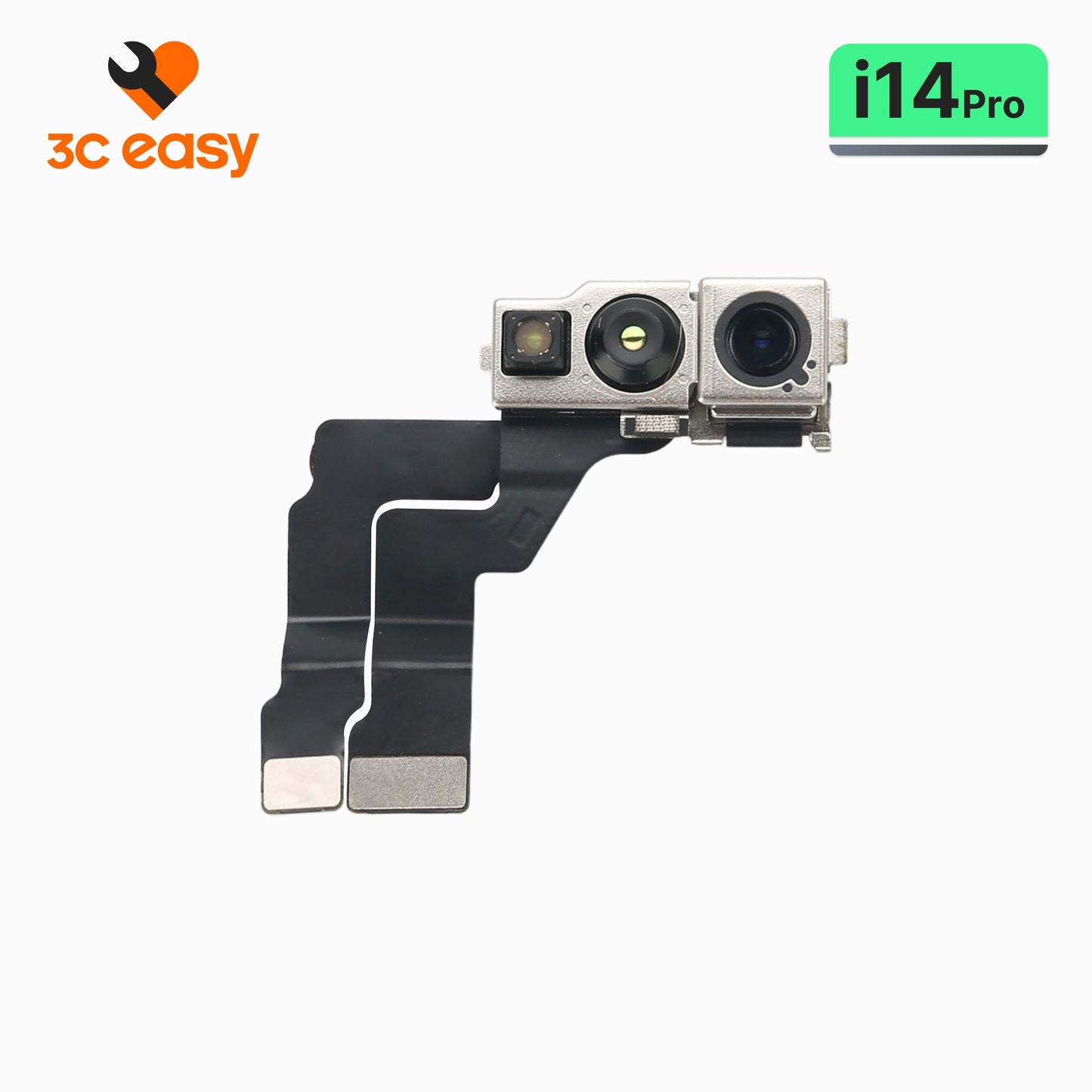 3C EASY original front camera flex for iPhone 14 Pro, lens side with Face ID module on branded background