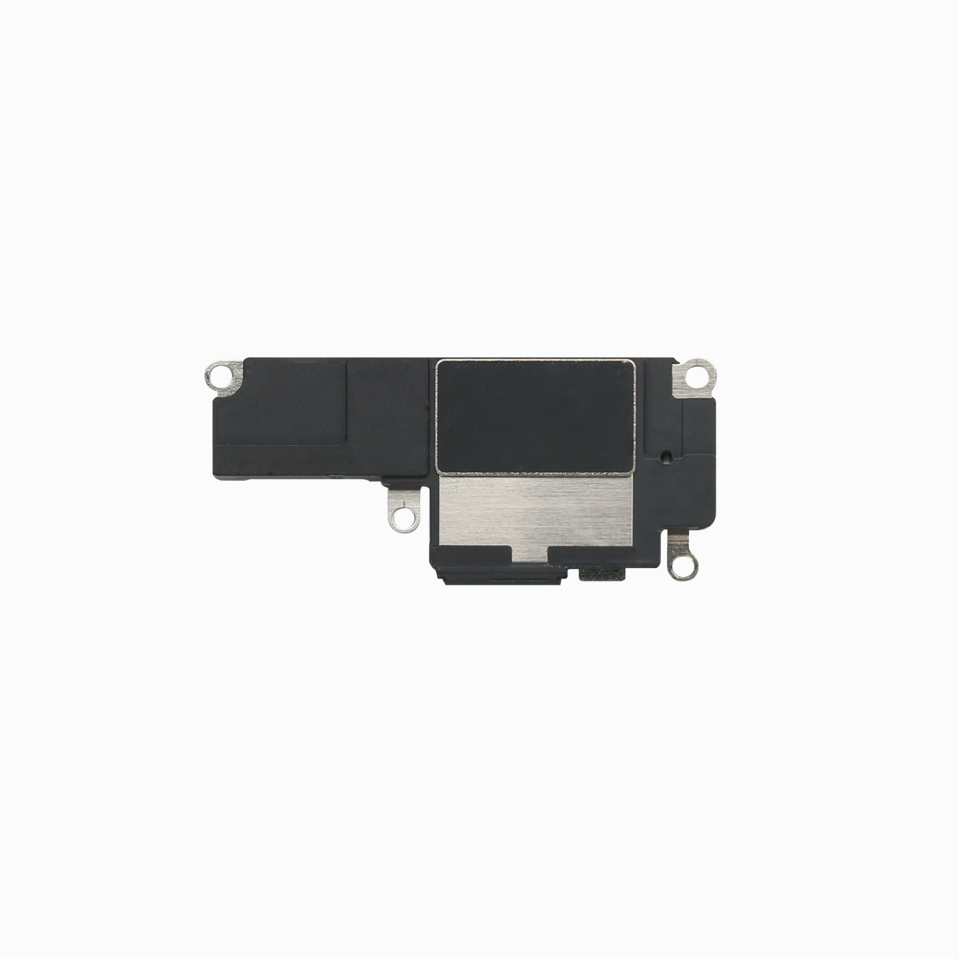 Back of the iPhone 14 Pro loudspeaker assembly showing metal plate and mounting tabs