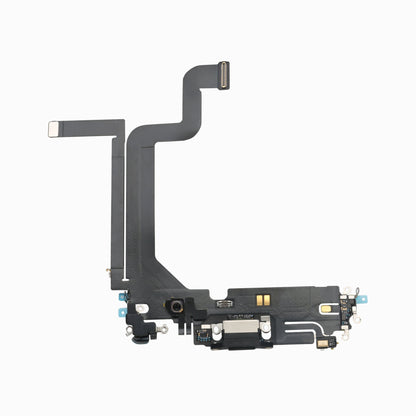 Reverse side of the black iPhone 14 Pro Max charging port flex cable showing Lightning connector and microphone