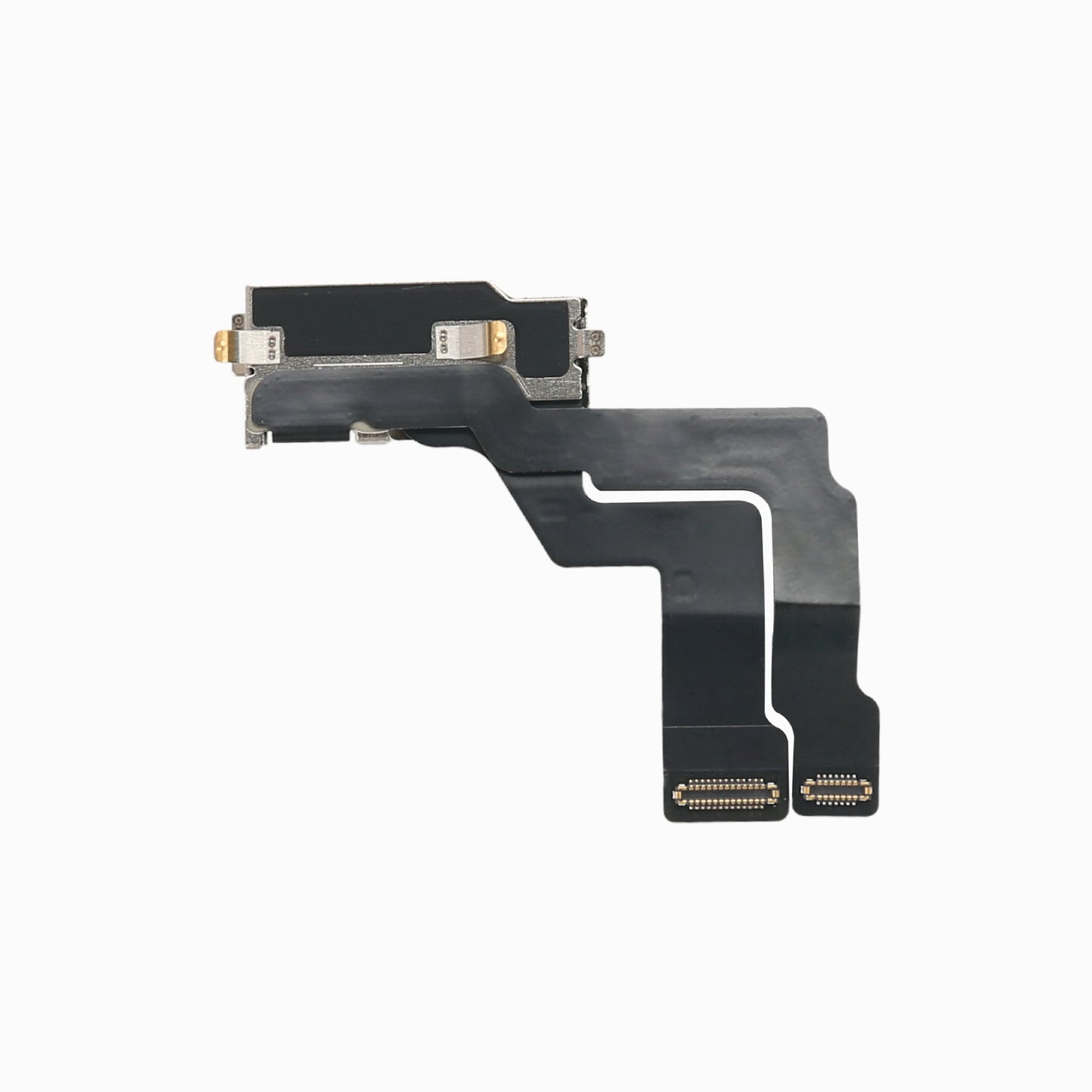 Back of the iPhone 14 Pro Max front camera module showing bracket and dual flex cable connectors
