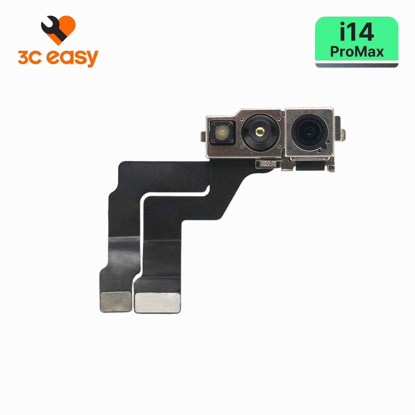 3C EASY original front camera flex for iPhone 14 Pro Max, lens side with Face ID module on branded background