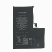 PISEN replacement battery for iPhone 14 Pro Max, back view showing safety warning and certification marks