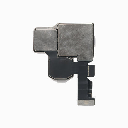 Back of the iPhone 14 Pro Max rear camera module showing metal shielding and flex cable connector