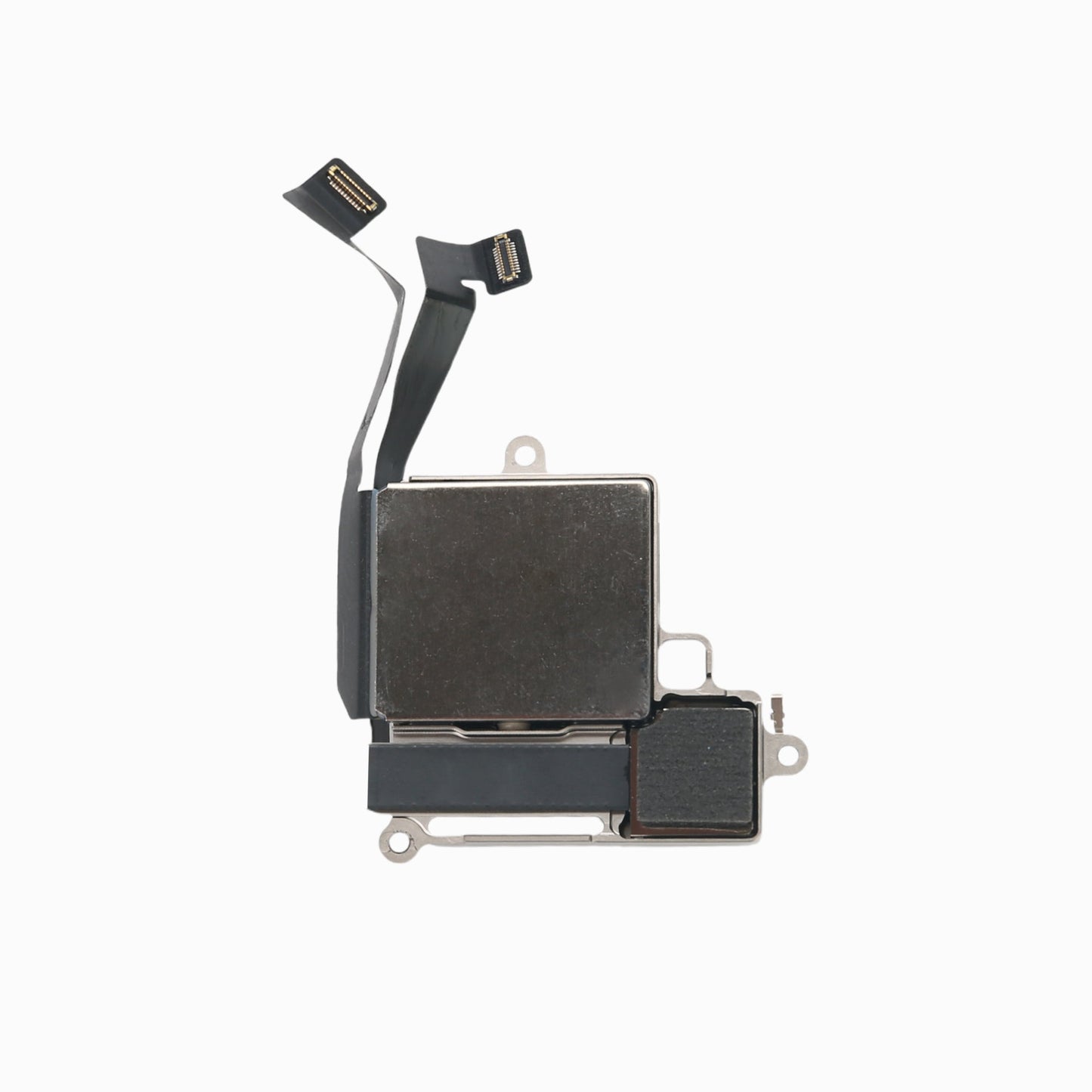 iPhone 14 rear camera replacement, back view showing metal housing and dual connector ribbons