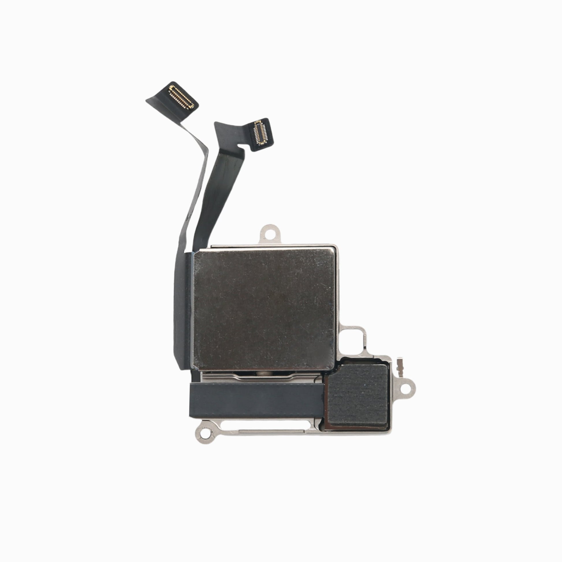 iPhone 14 rear camera replacement, back view showing metal housing and dual connector ribbons