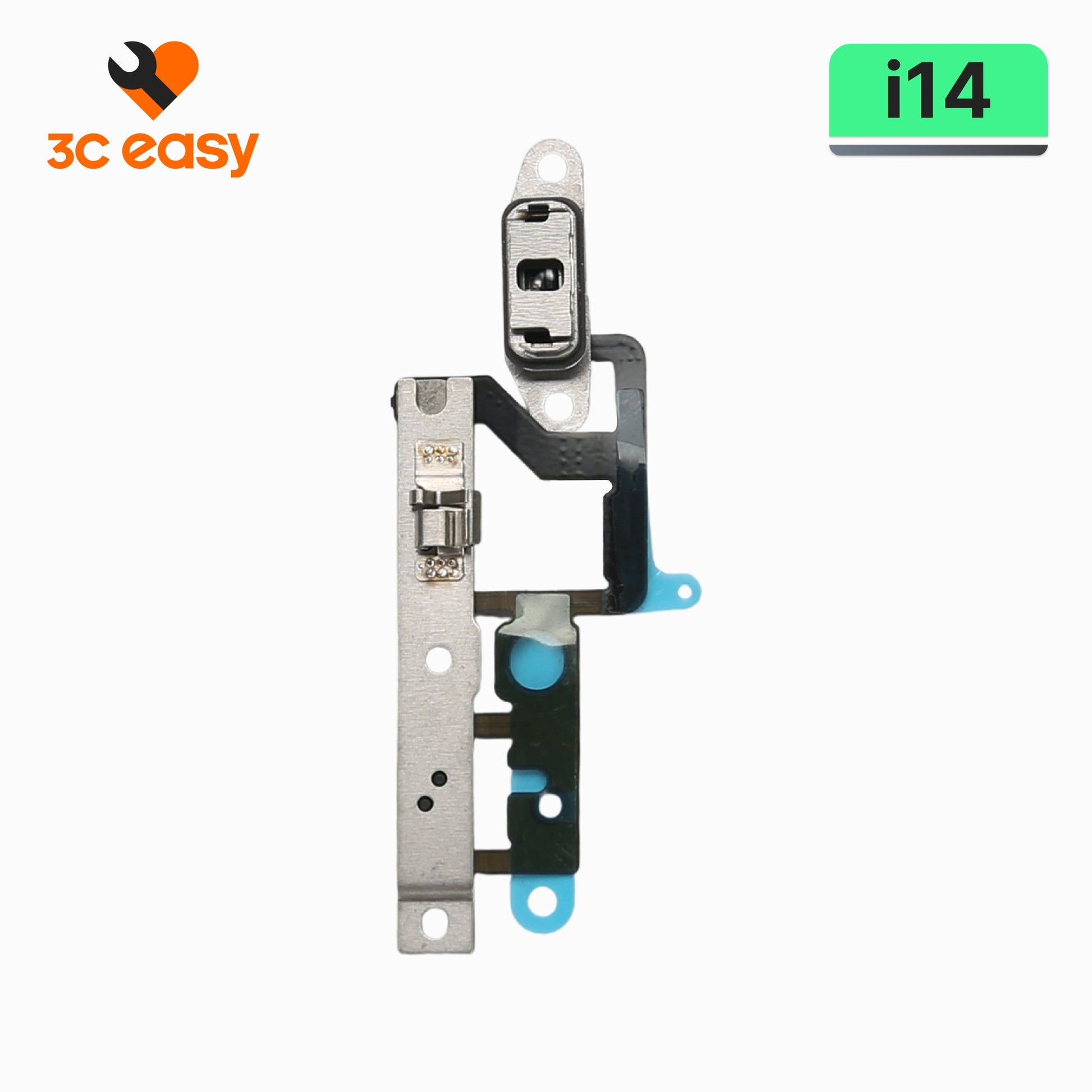 3C EASY volume button flex cable with metal mounting bracket for iPhone 14, front view