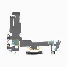 iPhone 15 black charging port flex cable replacement, back view showing full ribbon and connectors