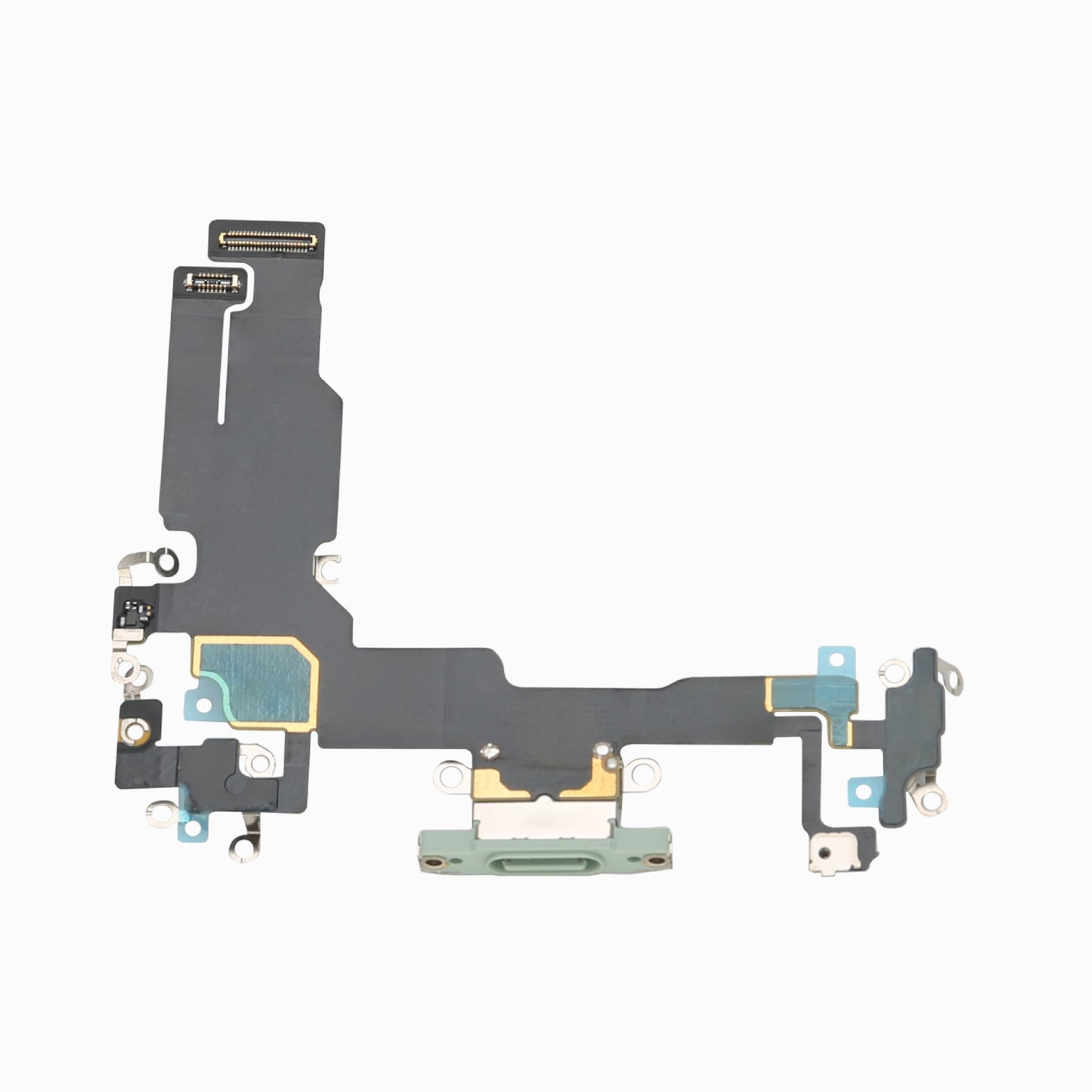 iPhone 15 green charging port flex cable replacement, back view showing full ribbon and connectors