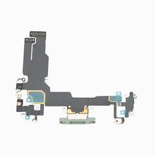iPhone 15 green charging port flex cable replacement, back view showing full ribbon and connectors