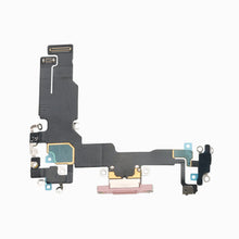 iPhone 15 pink charging port flex cable replacement, back view showing full ribbon and connectors