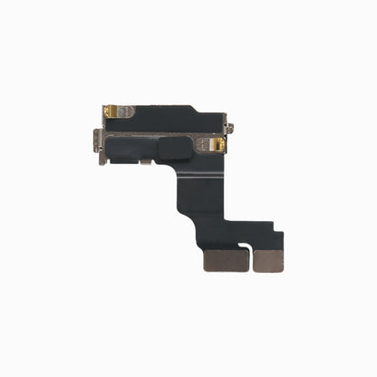 iPhone 15 front camera replacement, back view showing flex ribbon and dual connectors
