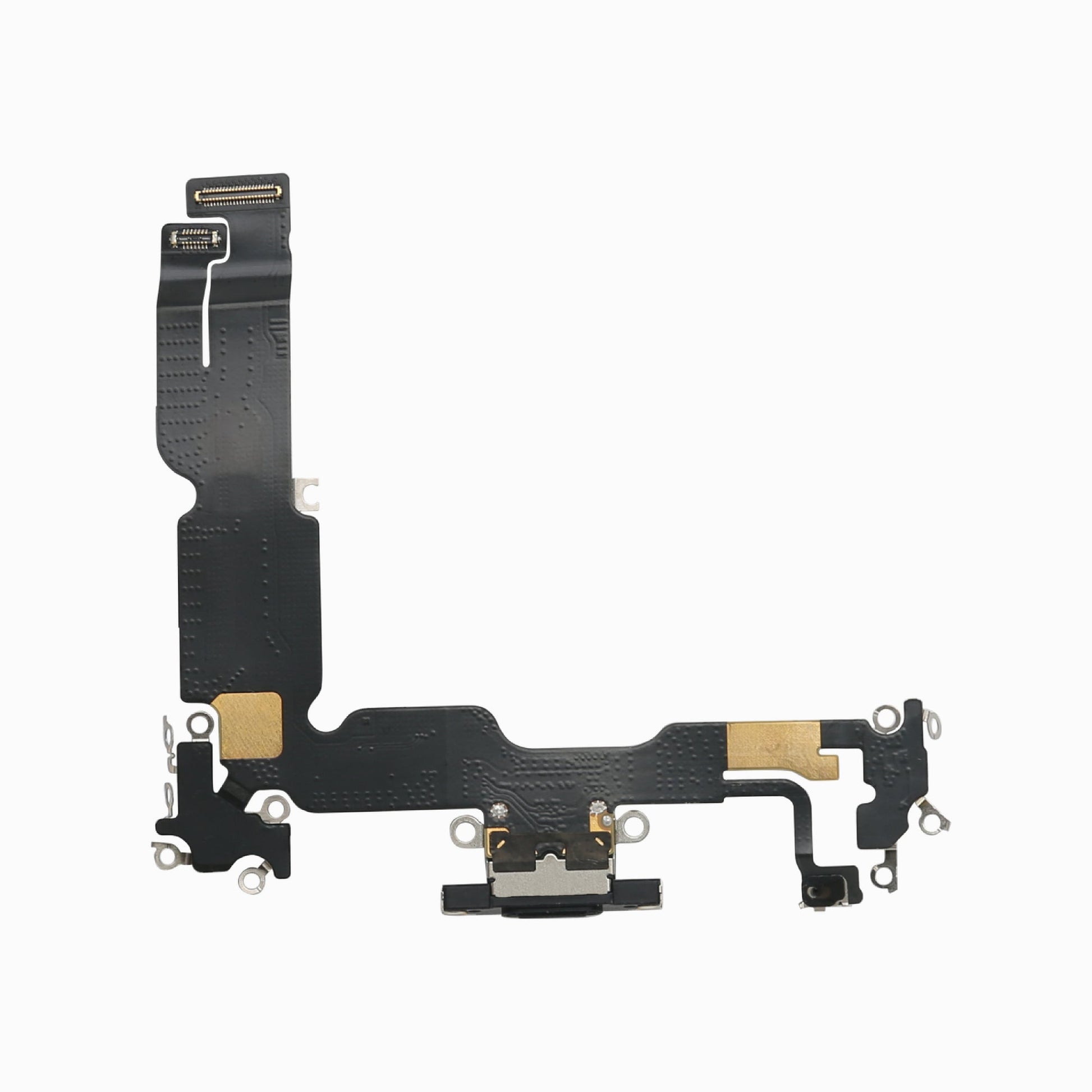 Black charging port flex cable replacement for iPhone 15 Plus, full flex assembly view