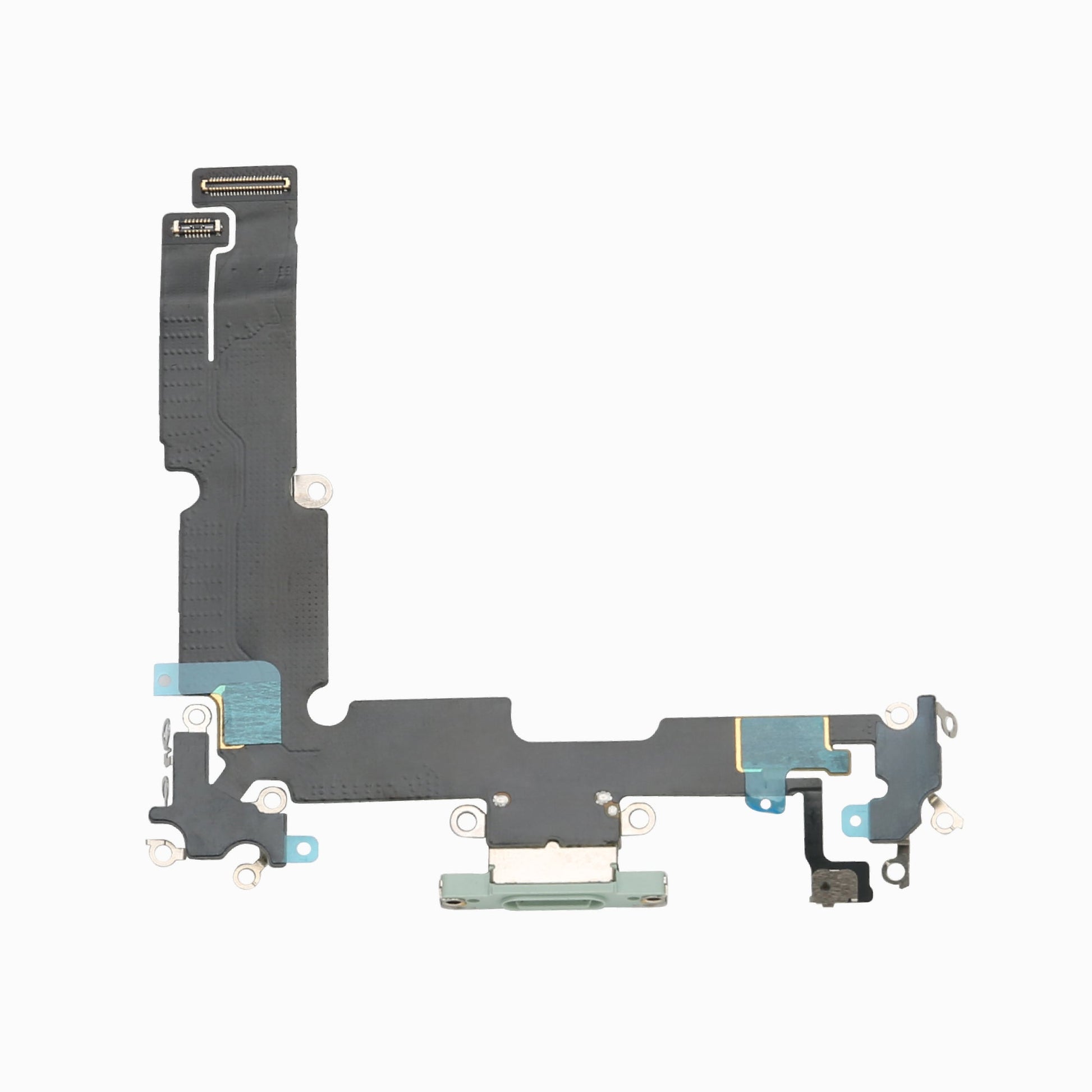 Green charging port flex cable replacement for iPhone 15 Plus, full flex assembly view