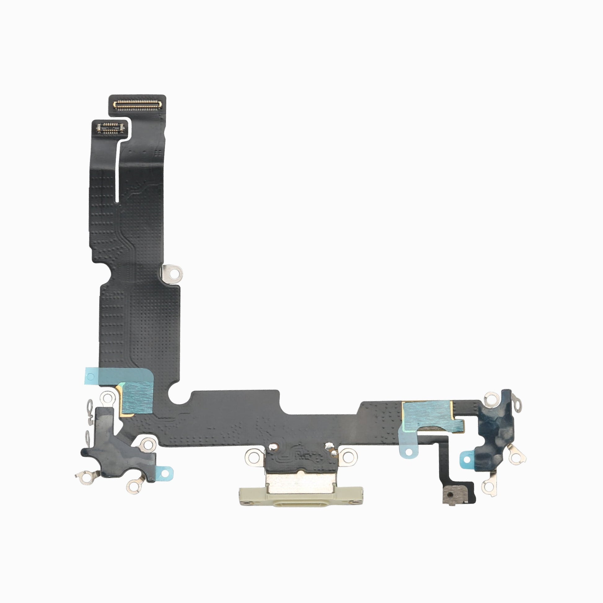 Yellow charging port flex cable replacement for iPhone 15 Plus, full flex assembly view